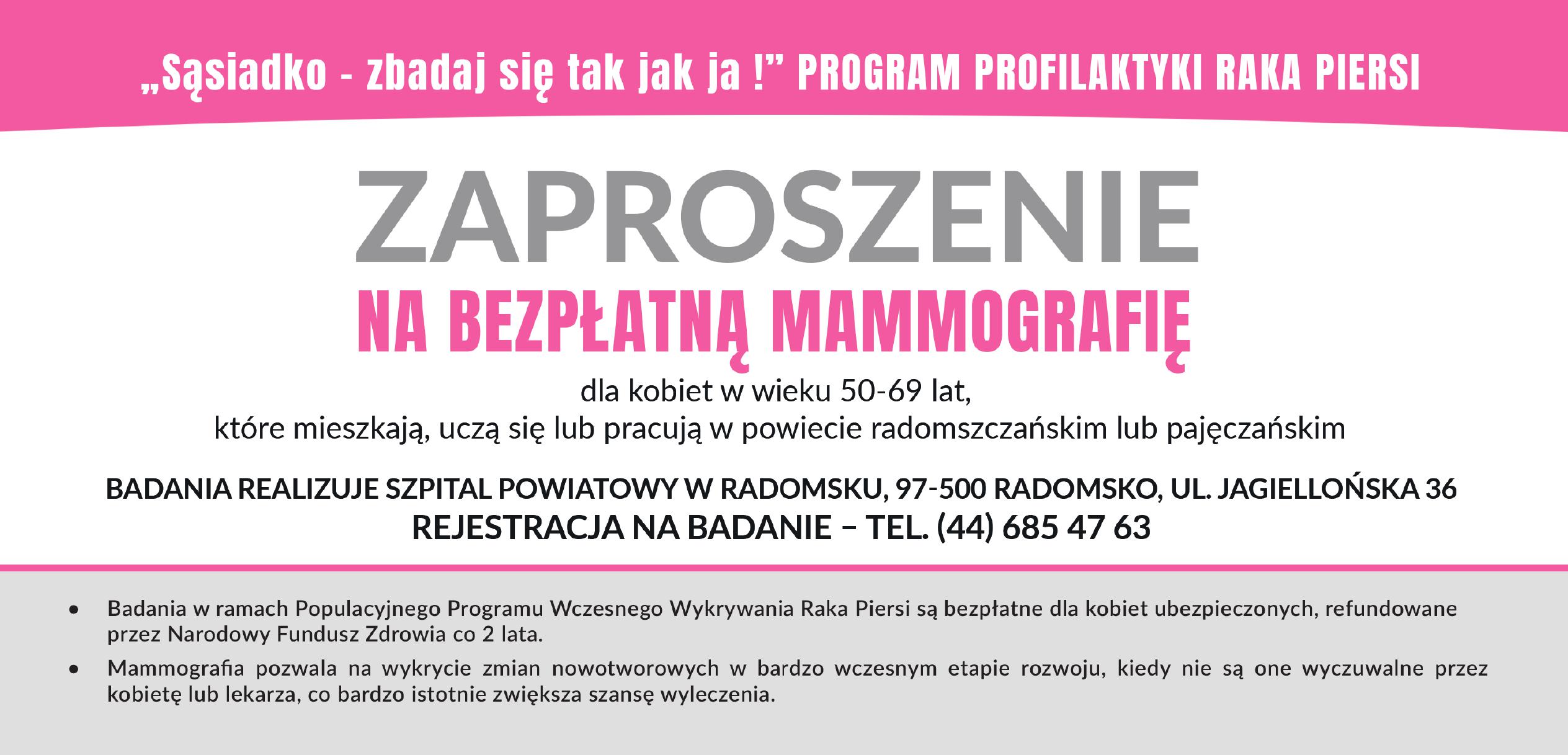 Infografika przedstawiająca zaproszenie na bezpłatną mammografię dla kobiet w wieku 50-69 lat 