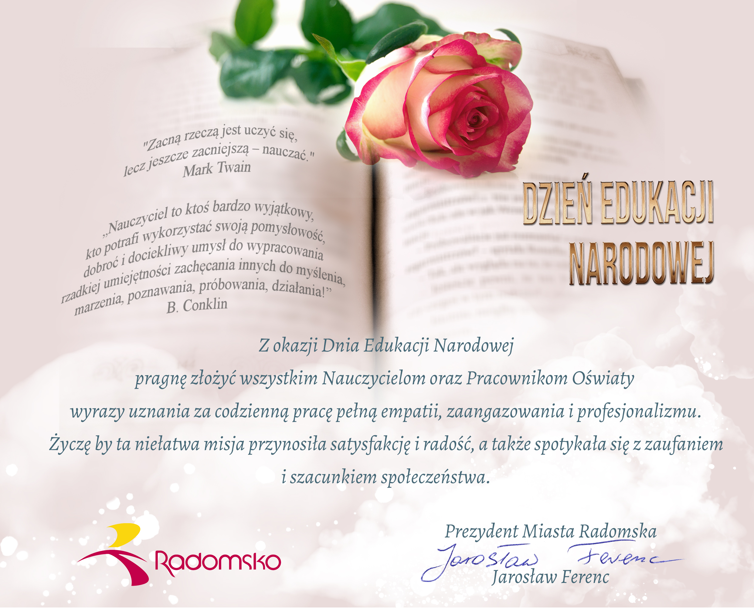 Życzenia dla nauczycieli od Prezydenta Miasta Radomska