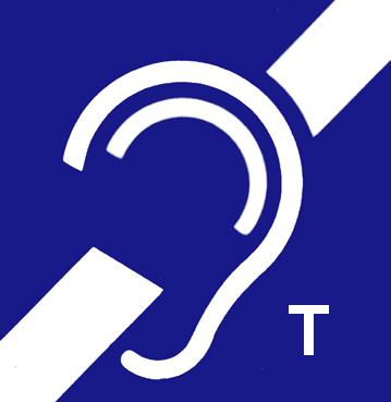 logo pętli indukcyjnej, biały pas po przekątnej, na nim białe ucho, w prawnym dolnym rogu drukowana litera T logo pętli indukcyjnej, biały pas po przekątnej, na nim białe ucho, w prawnym dolnym rogu drukowana litera T