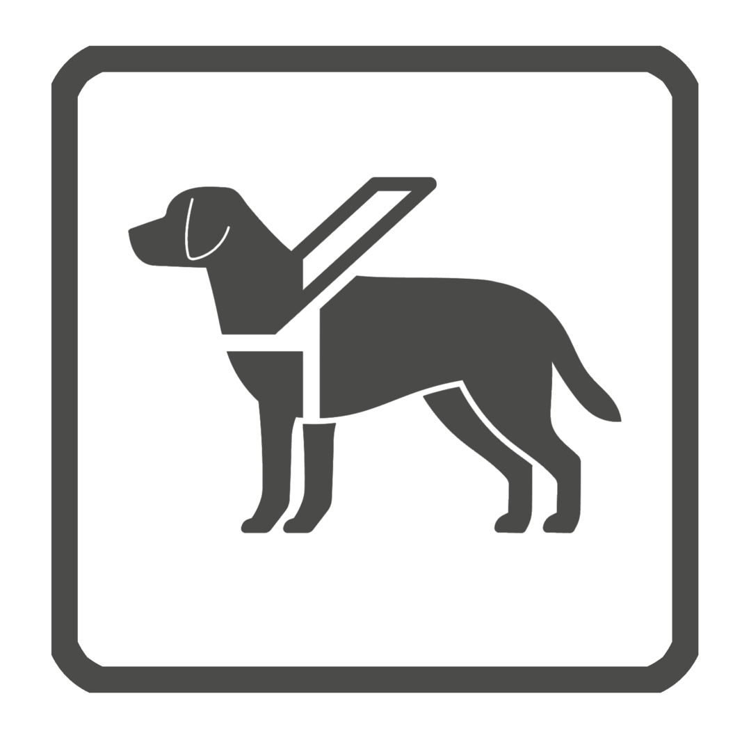 logo oznaczające możliwość wejścia z psem asystującym lub psem przewodnikiem, czarny pies w uprzęży na białym tle logo oznaczające możliwość wejścia z psem asystującym lub psem przewodnikiem, czarny pies w uprzęży na białym tle