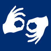 logo oznaczające usługę wideotłumacza języka migowego, dwie białe dłonie w geście migania na niebieskim tle